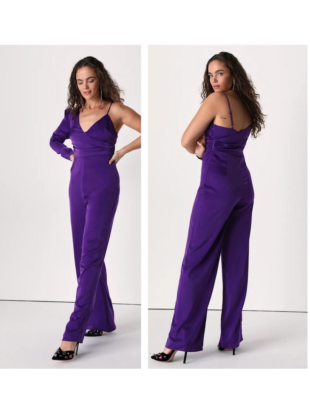Lulus Stun Two Three Purple Satin Asymmetrical Wide-Leg Jumpsuit Size Medium